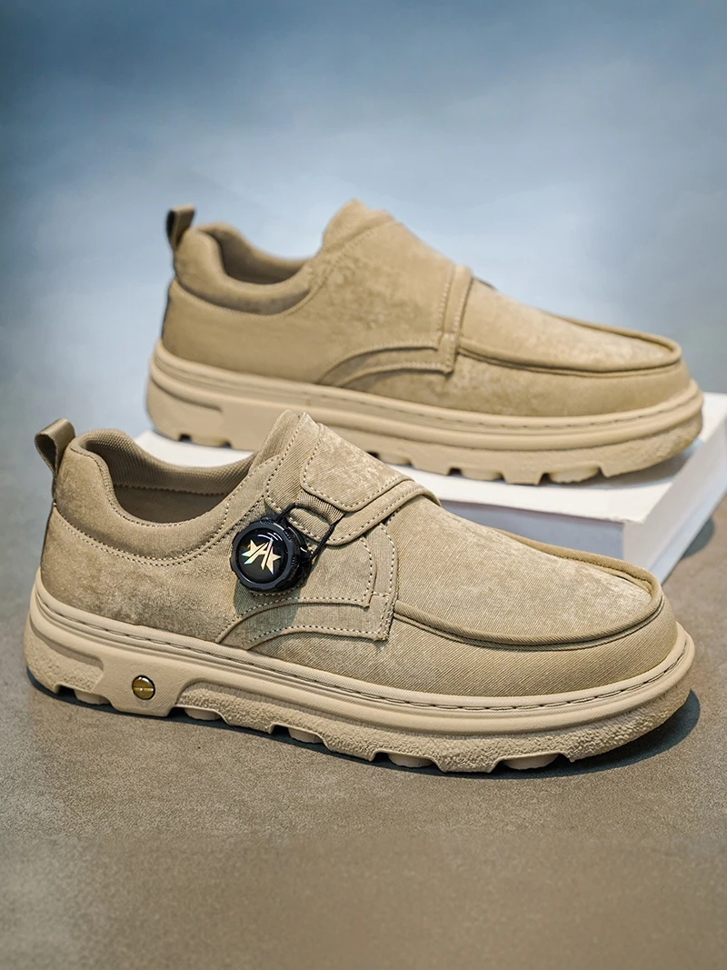 Men's Casual Canvas Shoes with Ice Silk Rotating Button for Work And Leisure Wear Resistant round Toe Low Rubber Outsole