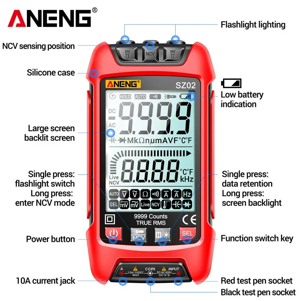 Aneng SZ02มัลติมิเตอร์แบบดิจิทัลอัจฉริยะ9999เครื่องนับ TRMS, เครื่องวัดความจุไฟฟ้าอัตโนมัติเครื่องทดสอบทรานซิสเตอร์ต้านทานอุณหภูมิ