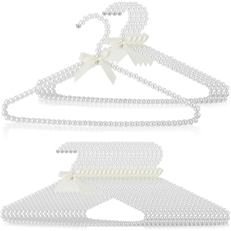 

5 Pcs 16 Inch Pearl Clothes Beaded Clothing Hanger with Ribbon Bowknot Metal Elegant Clothes Standard Hanger for Women Bride We