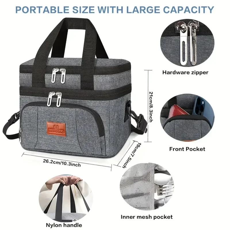Isolierte Doppelschicht-Kühltasche - Große Kapazität Lunchbox für Frauen/Männer, auslaufsichere Picknick- und Schultasche mit verstellbarem Riemen – Detail 4