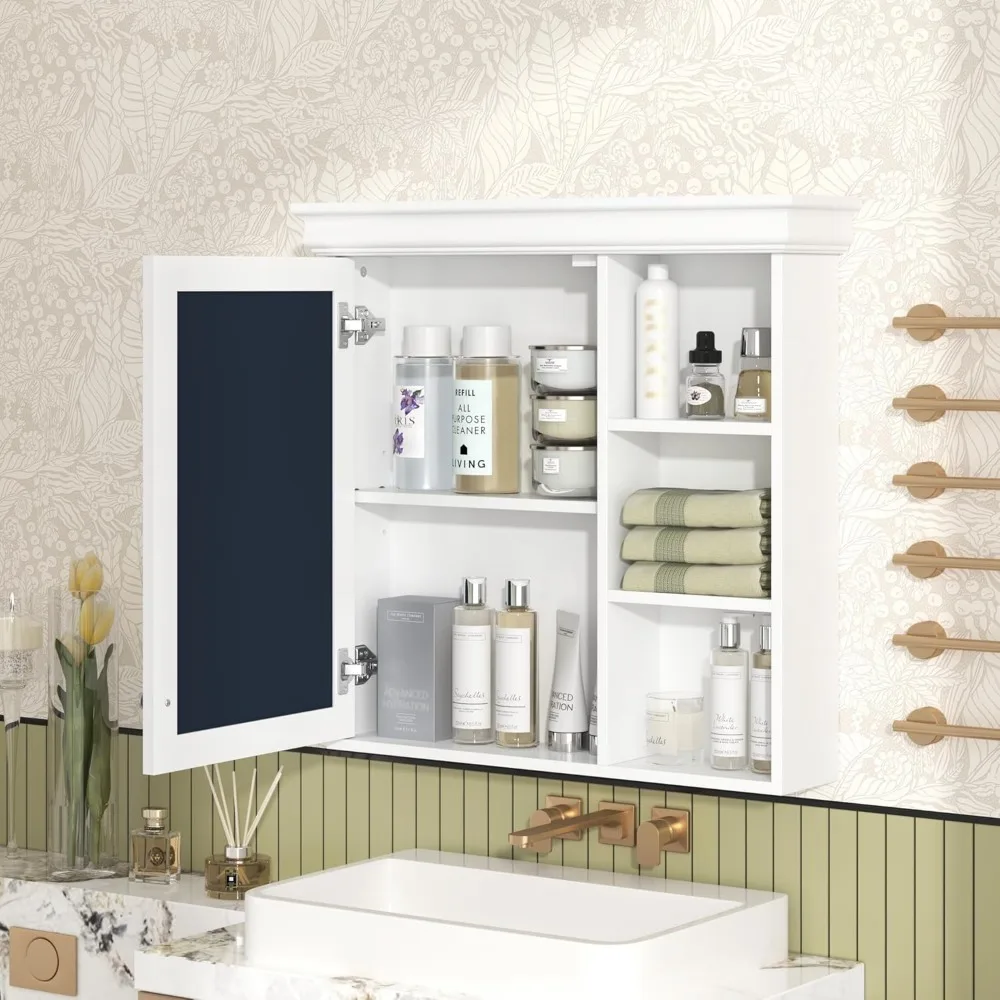 Armoire à pharmacie de salle de bain moderne avec miroir, armoire à pharmacie blanche murale 30" x 28" avec rangement et étagères ouvertes