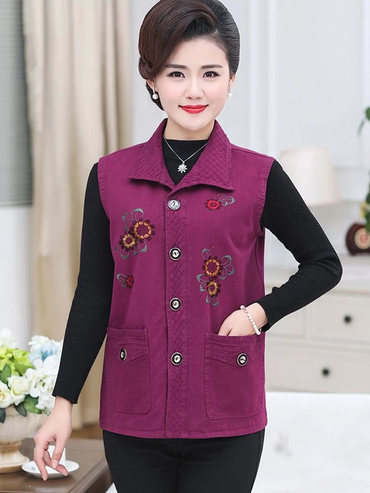 

Embroidery Sleeveless Jacket Women's Spring Autumn Casual Outerwear Cotton Vest New Ladies Slim Single-breasted Vests