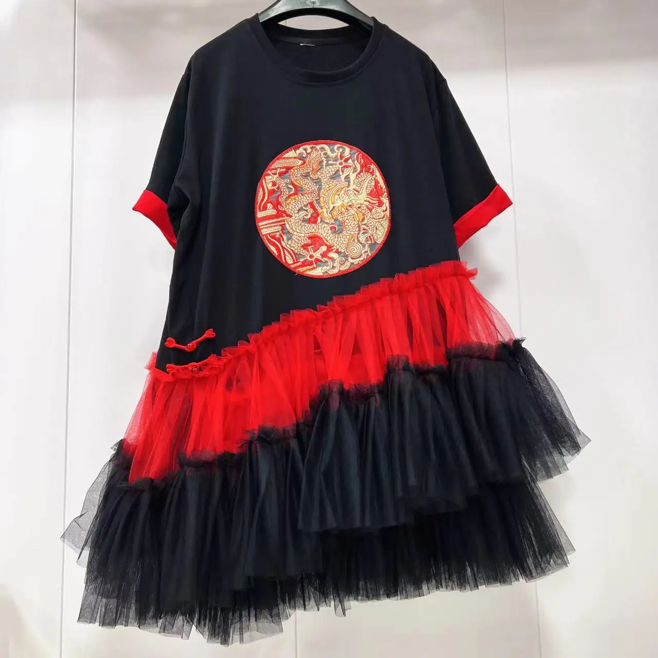 Luxury Chinese Style Circular Floral Embroidery Mesh Spliced Ruffles Tee Dress Irregular Gauze Patchwork Lotus T-Shirts Vestidos