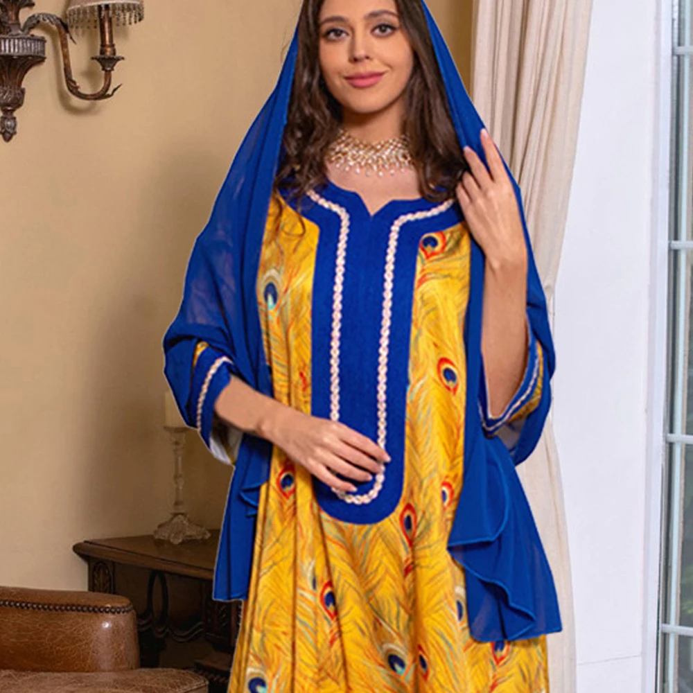 

Eid Scarf Print Dress Set Muslim Women Hijab Abaya Dubai Turkey Kaftan Moroccan Gown Ramadan Islam Clothing Robe Kebaya Jalabiya