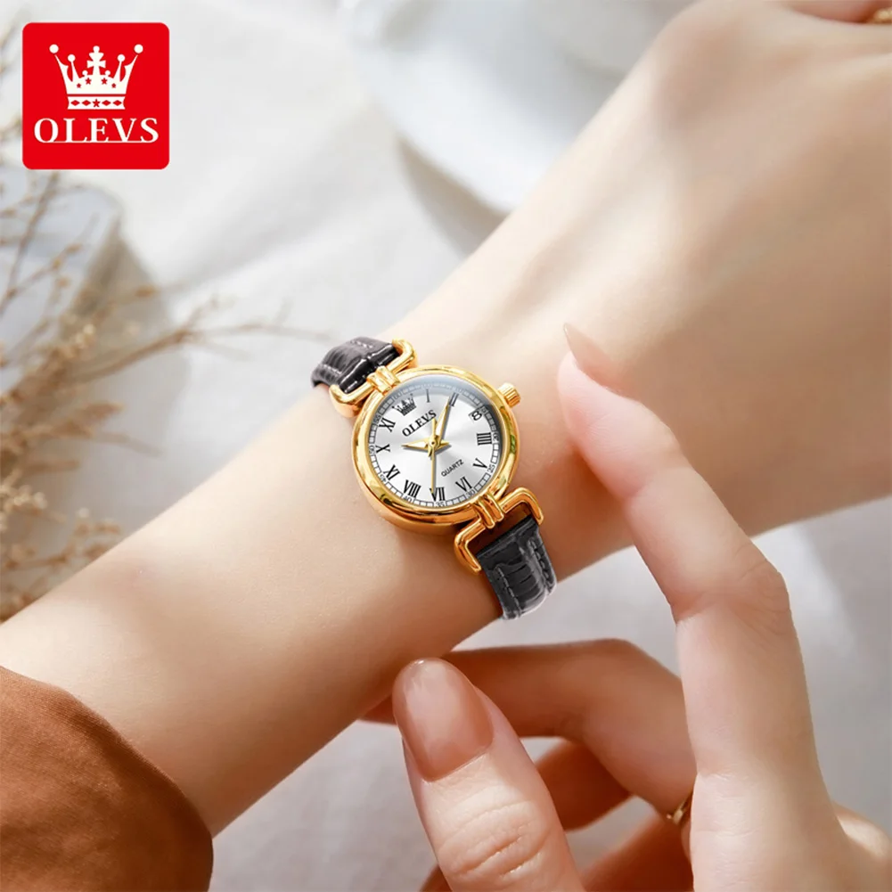 OLEVS 5645 Women's Watch Original Date Quartz Watch For Women Leather Strap Roman Scale Waterproof Elegant Ladies Wristwatch