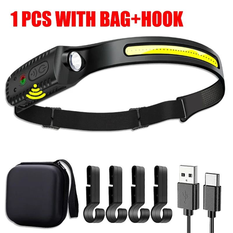 KDULIT USB-Aufladbare LED-Sensor-Stirnlampe XPE+COB Kopflampe LED-Kopfleuchte Camping-Suchscheinwerfer Kopf-Taschenlampe für Angeln Laterne 6