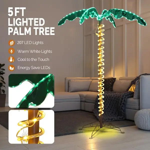 

5FT Holographic LED Lighted Palm Tree - 207 Amber Rope Lights 31V 6W Garden Outdoor Decor for Patio Deck Porch Sun-Room