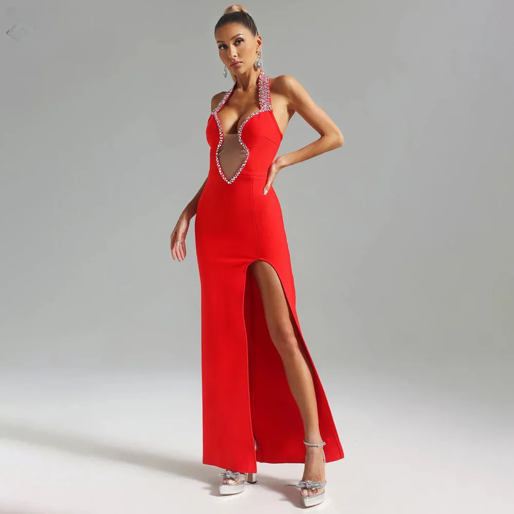 

2024 Summer Sexy Red Halter Backless Diamond-Studded Side Slit Maxi Dress Women Evening Birthday Party Long