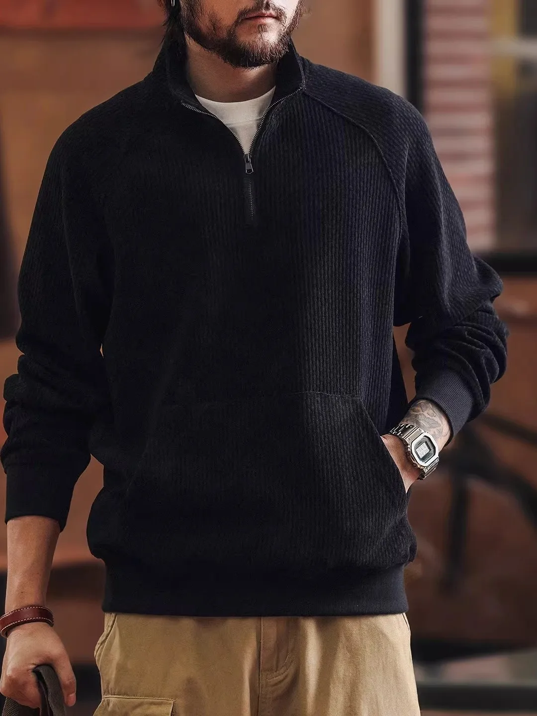 

Мужская толстовка оверсайз в американском ретро-стиле с текстурой, на молнии, с воротником, для весны и осени, спортивная повседневная верхняя одежда