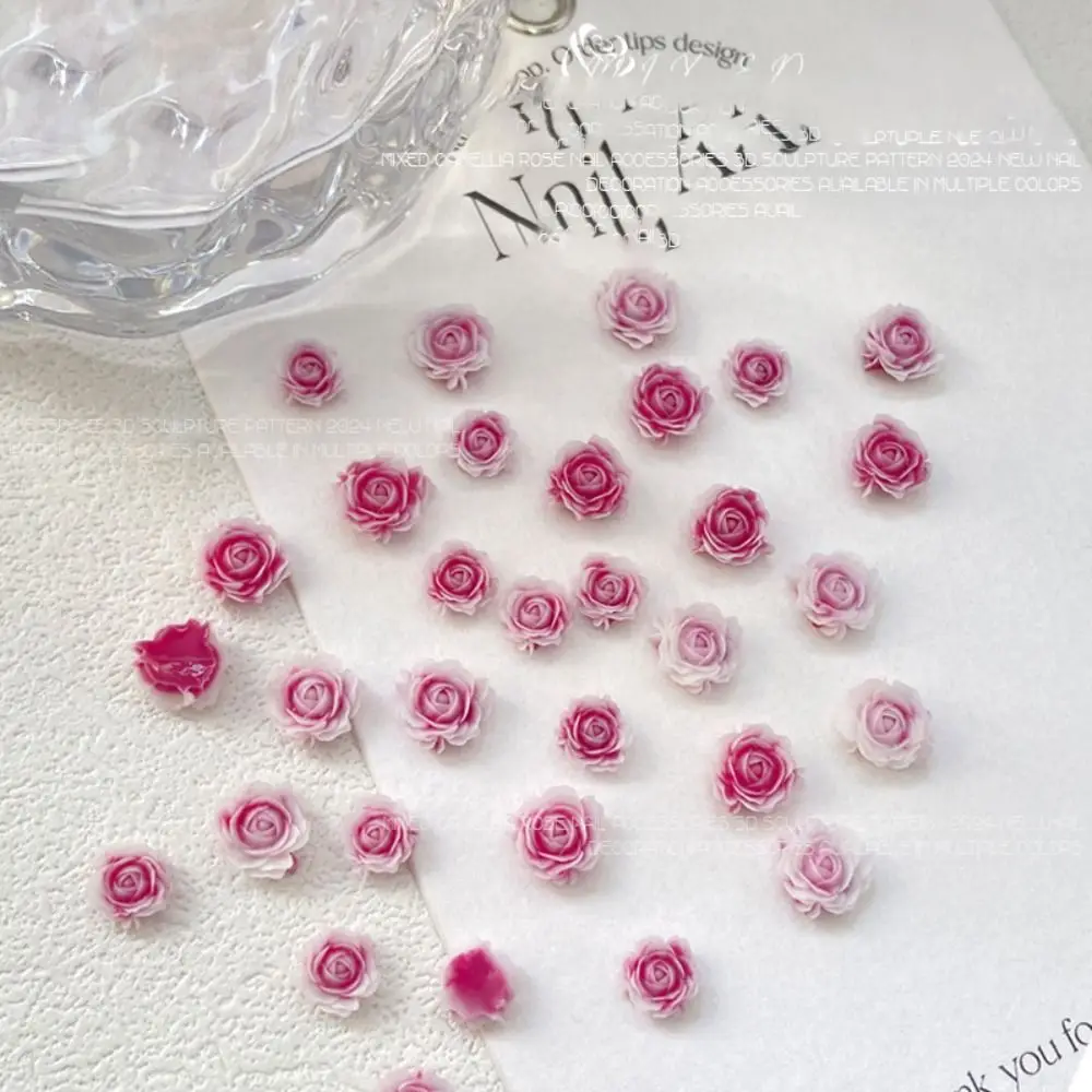 50Pcs Resin Gradient Rose Nail Art Charm 3D Mixed Size 6mm + 8mm Carving Camellia Flowers Nails Rhinestones Manicure Accessories