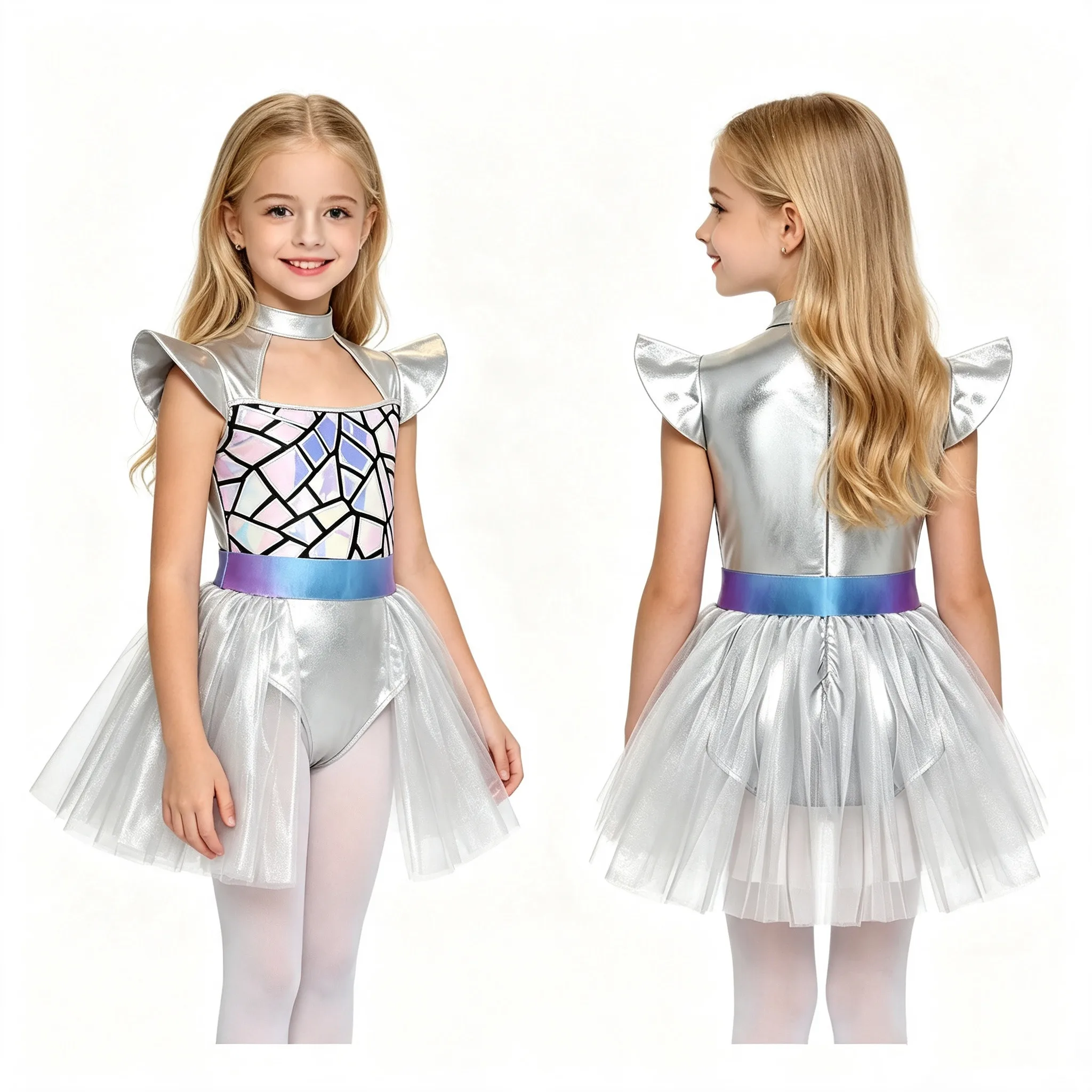 6-16Y Girls Halloween Alien Robot Space Cadet Dress Up Costume Metallic Shiny Sequin Cap Sleeve Ballet Dance Tutu Leotard Dress