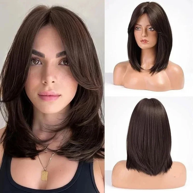 

100% Human Hair New Women's Long Natural Dark Brown Straight Full Wig 14 Inch