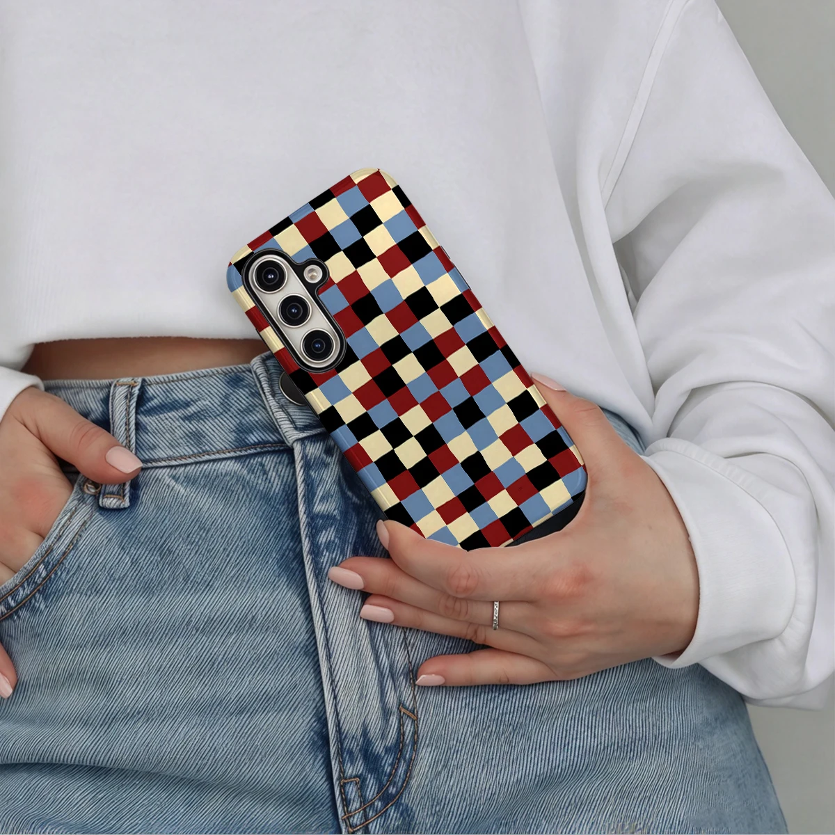 Multicolor Wavy Checker Phone Case For Samsung Galaxy S26 S25 Ultra S24 S23 Plus Hard Shock‑Absorption 2-in-1Protective Cover