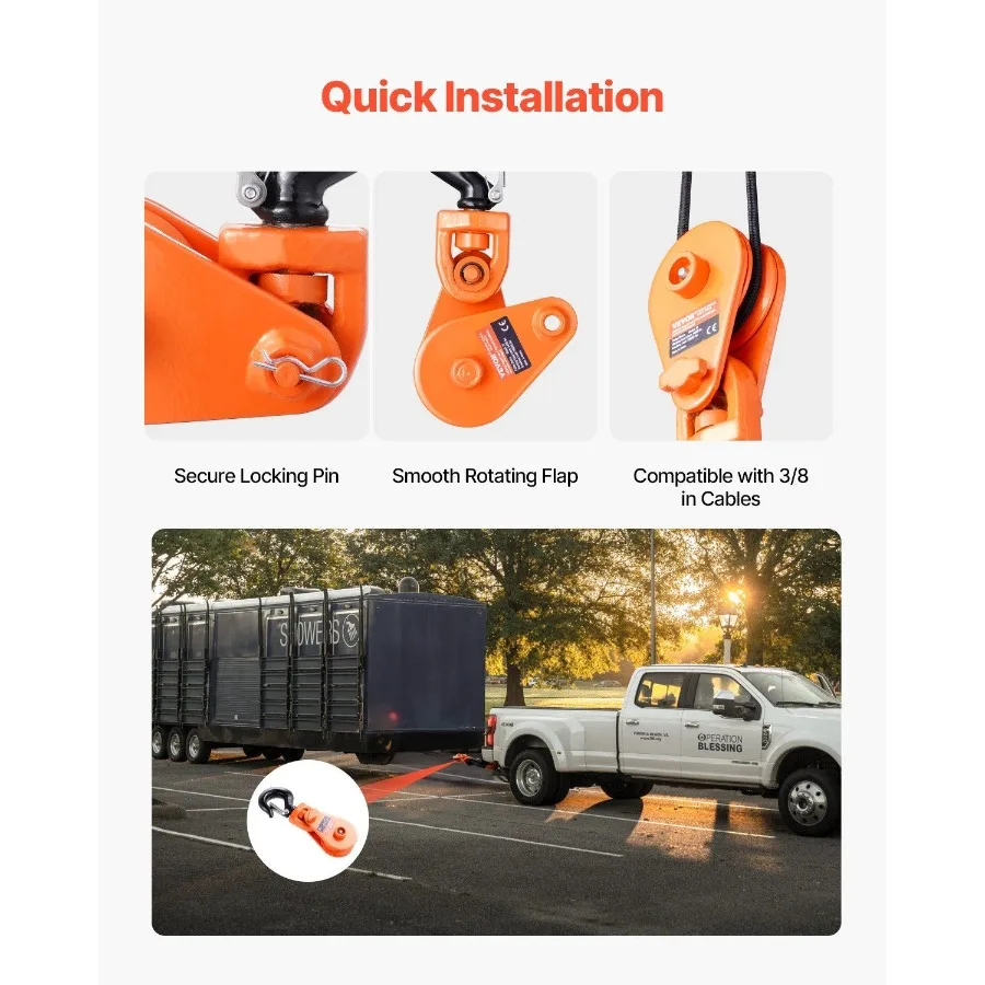 Bloc d'arrachage de 2 tonnes avec crochet pivotant 3 roues 3 8 câble métallique Wrecker Rollback