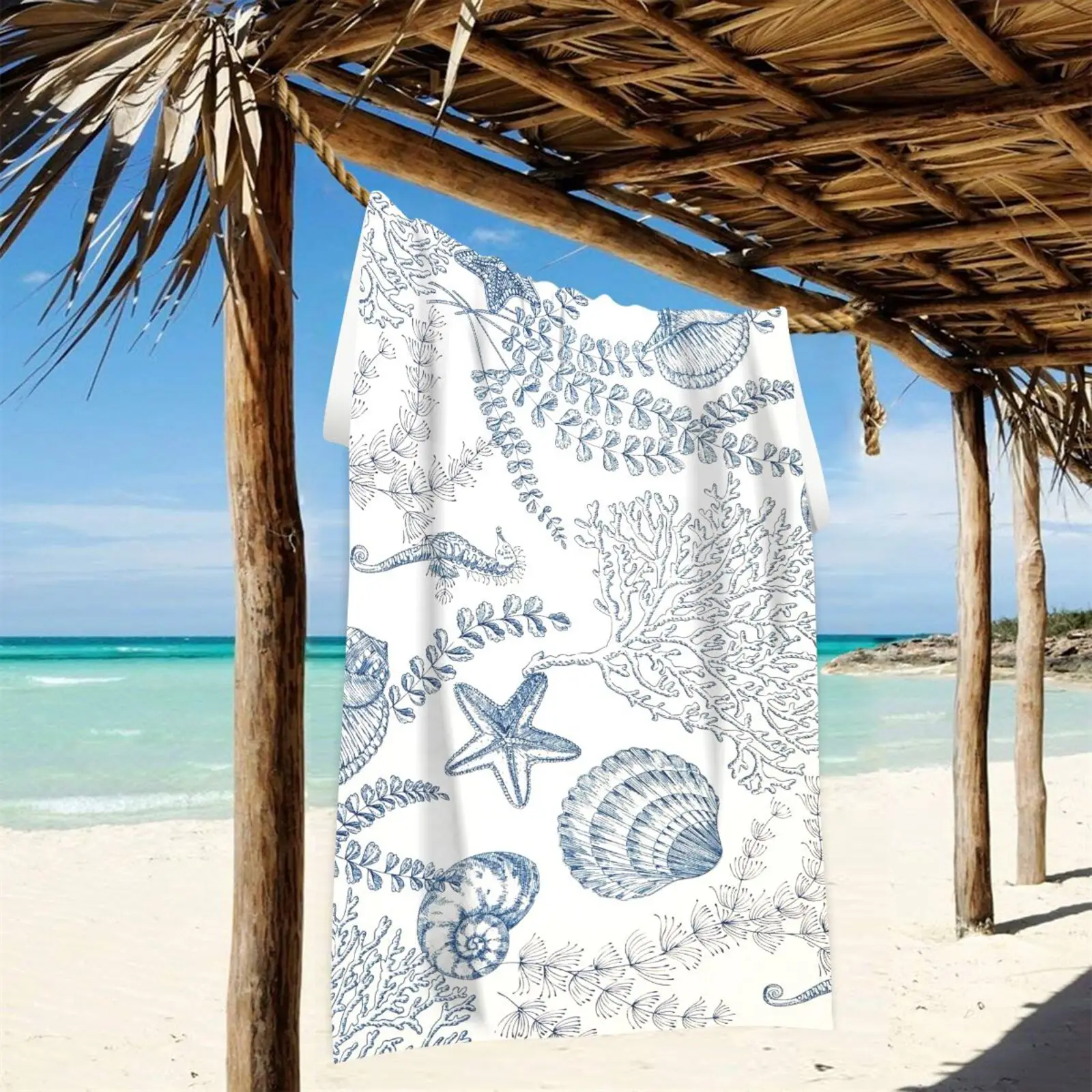 Ocean shells starfishprinted beach towell Absorbent  Swimming  Easy to carryBeach towelsLight breathable absorbent,comfortable