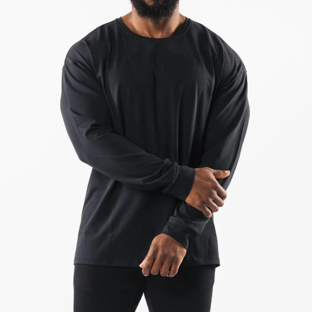 Mens GYM Long Tshirts Full Length Sleeve Male Loose Fitness Cotton Sport T-Shirts Oversize Breathable Bodybuilding Clothes