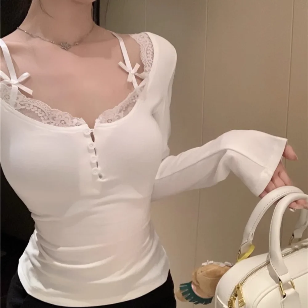 Autumn Lace Long-sleeved Shirt New Patchwork Bow Slim-fit Base Shirt Plain Thin Lace Top Women