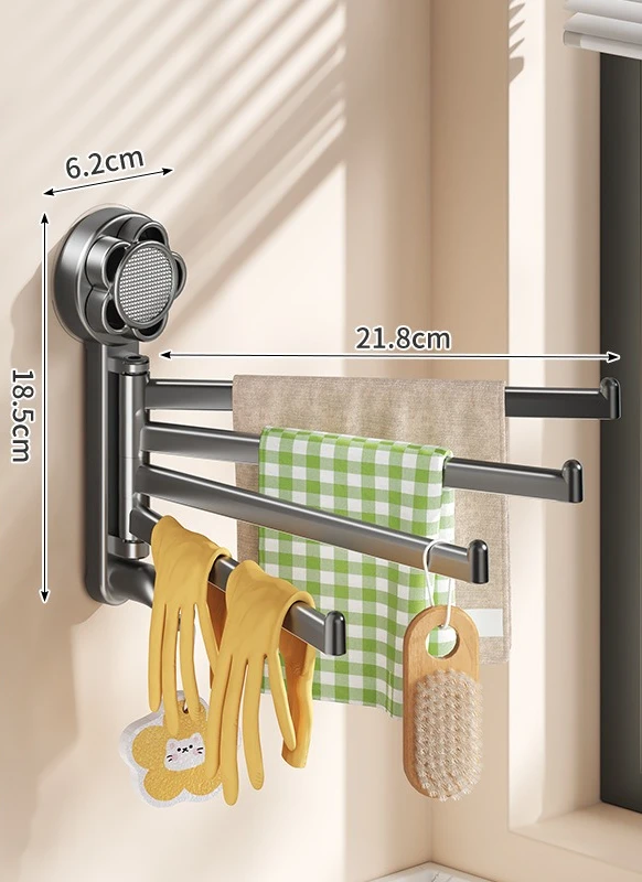 Multi-Bar Folding Rotatable Towel Rack with Suction Cup, Punch-Free Wall Hanging Towel Holder for Kitchen Bathroom