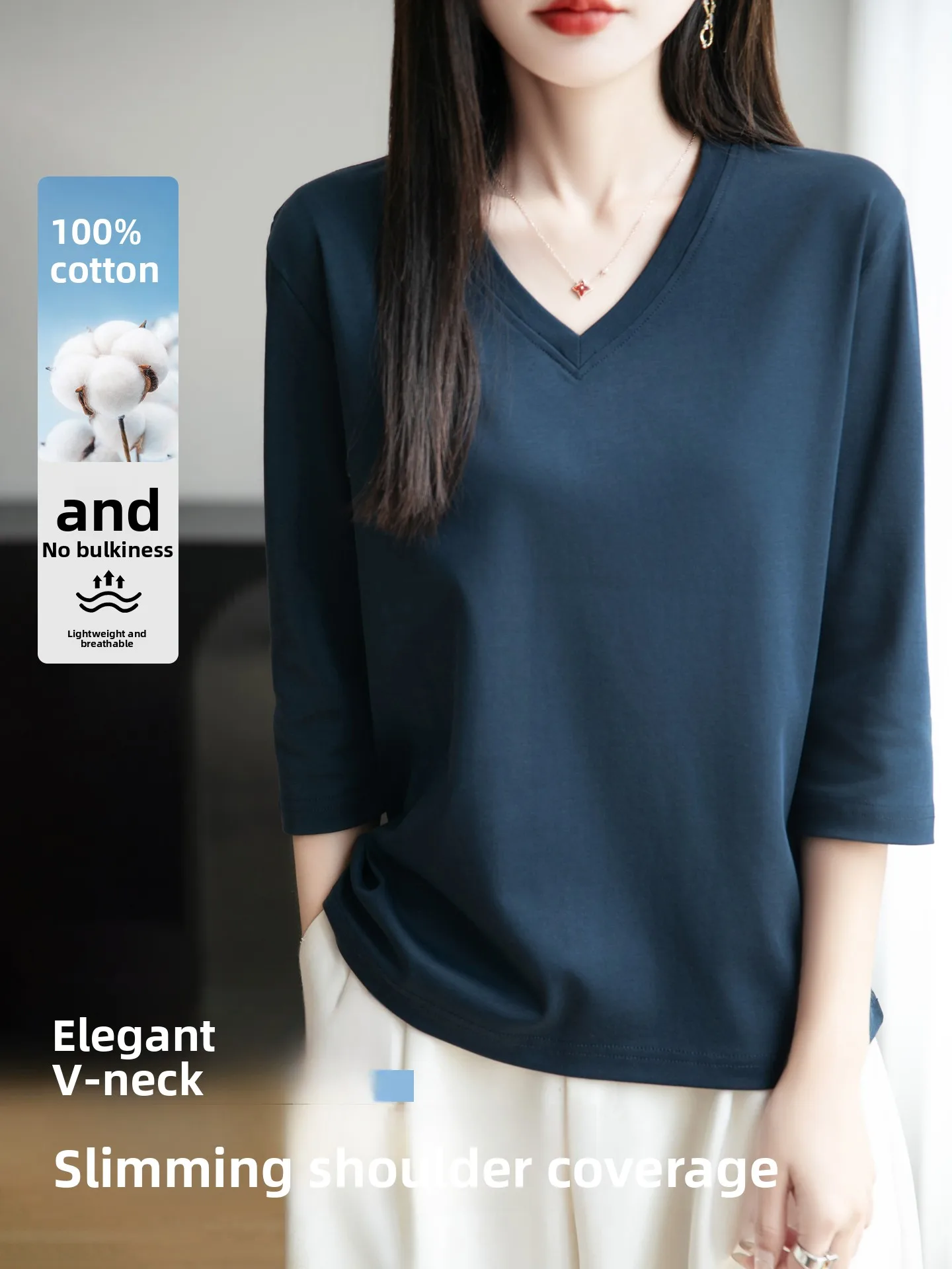 Loose Fit Pure Cotton V-Neck 3/4 Sleeve T-Shirt Women's Sweatshirt Fashionable Anti-Aging Cotton Top Thin Full Cotton Upper Body