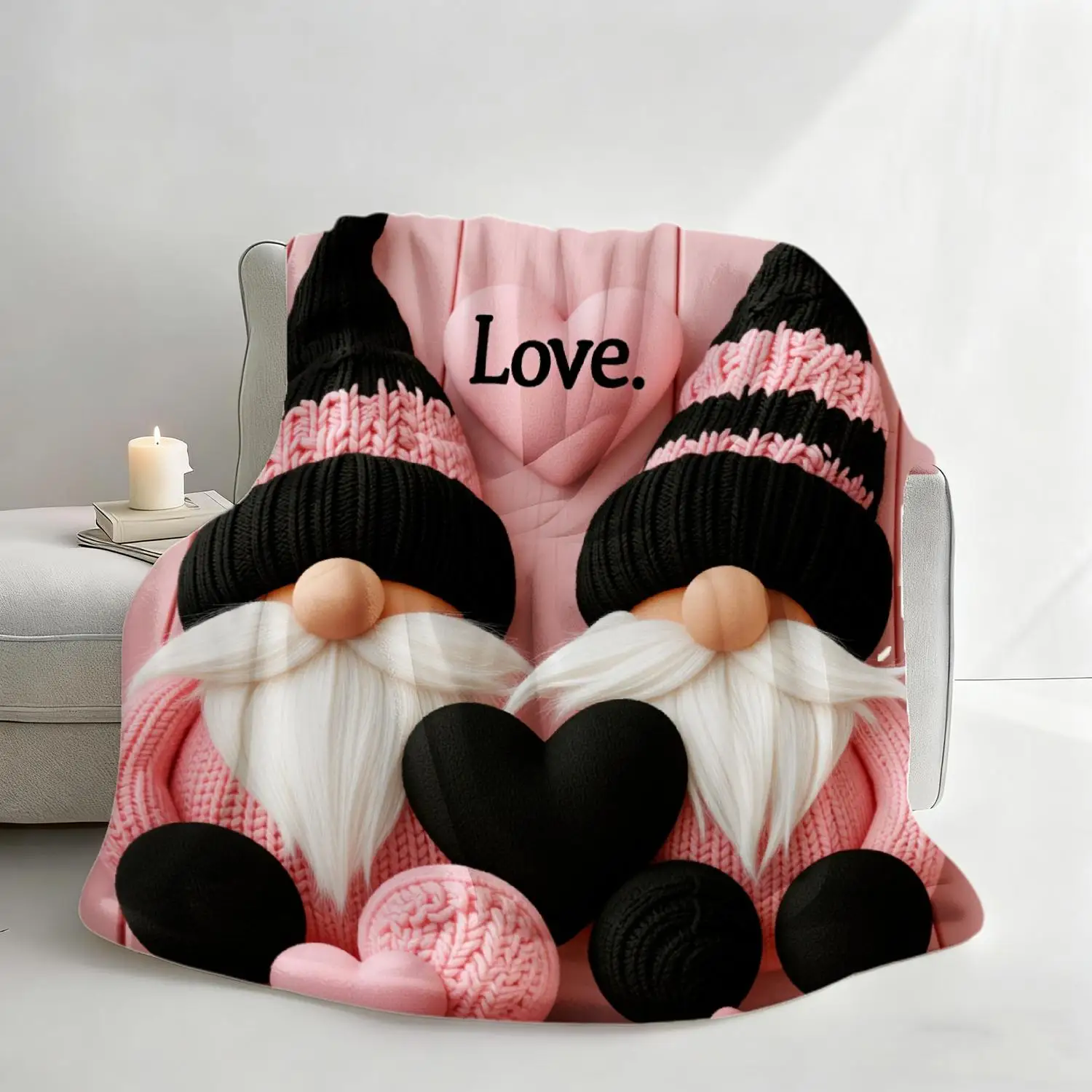 1pc JOOCAR Large 250G Flannel Blanket, Pink Black Cute Goblin Heart Print, Soft Comfortable Plush Bed Cover, Light Warm Blanket,