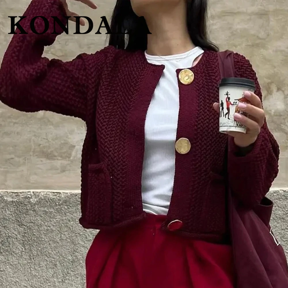 KONDALA Casual 2025 Knit Women Vintage Sweaters O-Neck Pockets Single Breasted Knitwear Streetwear Chic Elegant Mujer Cardigans