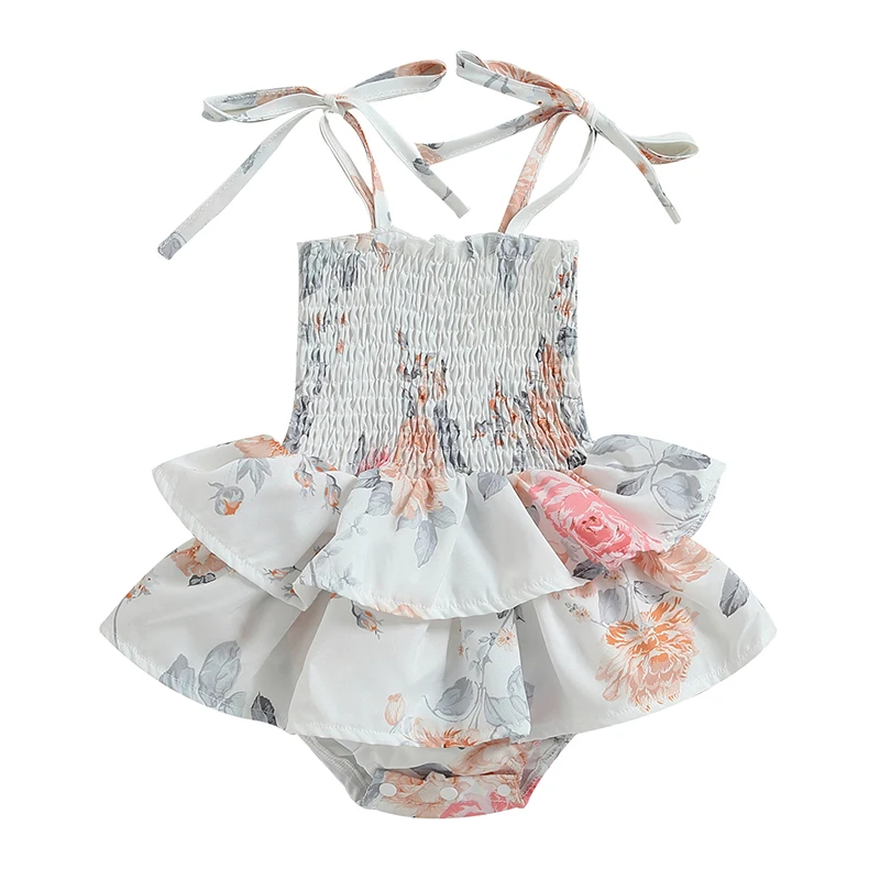 

Baby Girl Summer Romper Sleeveless Tie Shoulder Square Neck Floral Print Romper Dress 0-18Months