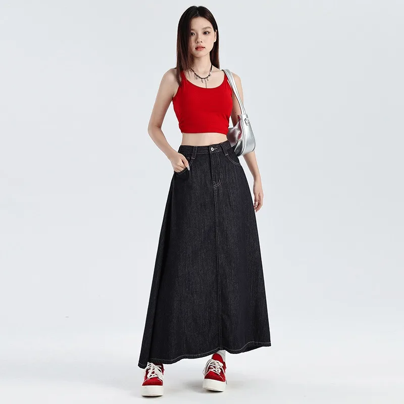 

2024 Summer Denim Skirt Retro Versatile A-Line High-Waist Long Skirt