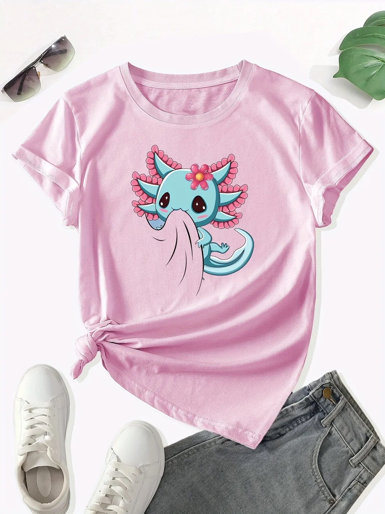 Cute Axolotl Print Crew Neck T-shirt Casual Short Sleeve T-shirt for Spring & Summer Women's Clothing