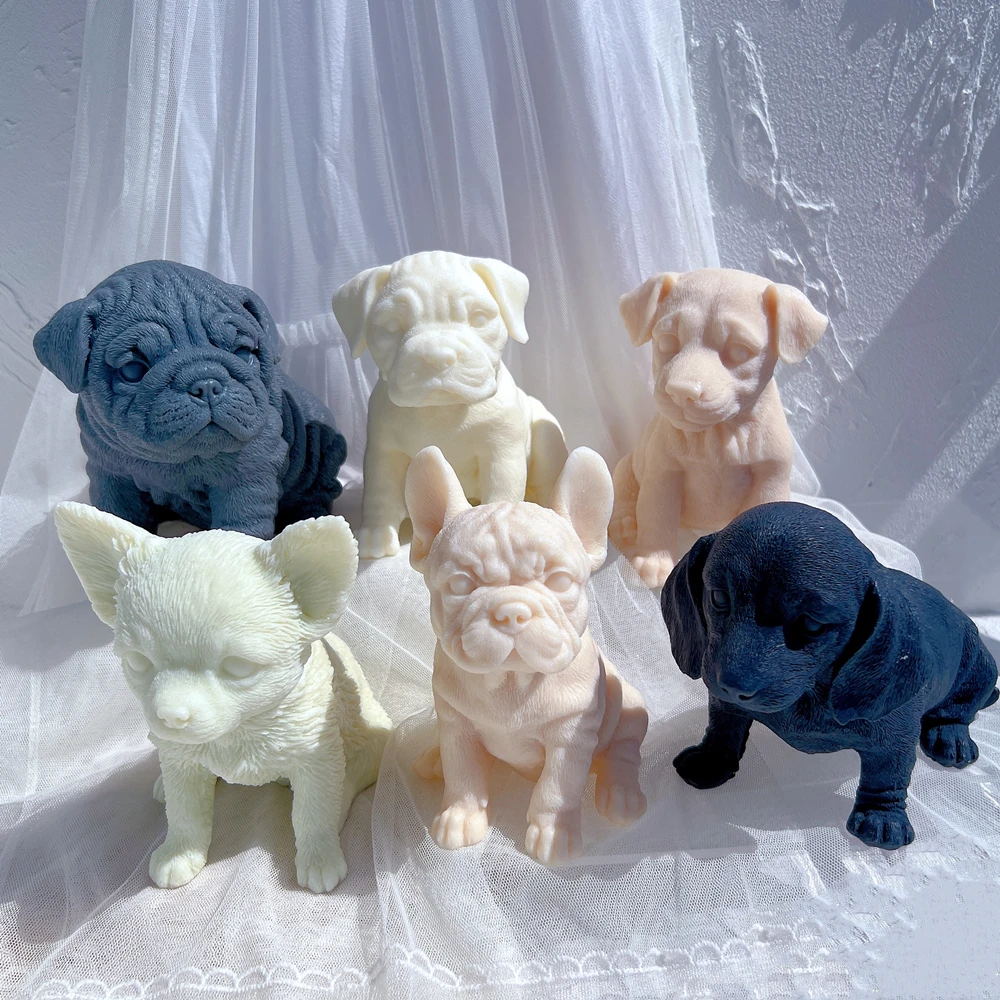 12 diverse razze cuccioli candela stampo in Silicone 3D animale carino cucciolo statua cera di soia stampo amante del cane regalo decorazioni per la casa stampi