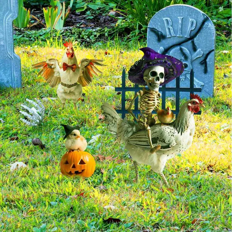 4PCS Halloween Metal Yard Decoration Metal Yard Sign Skeleton Decor Figurines Halloween Chicken Ornament Cute Decor