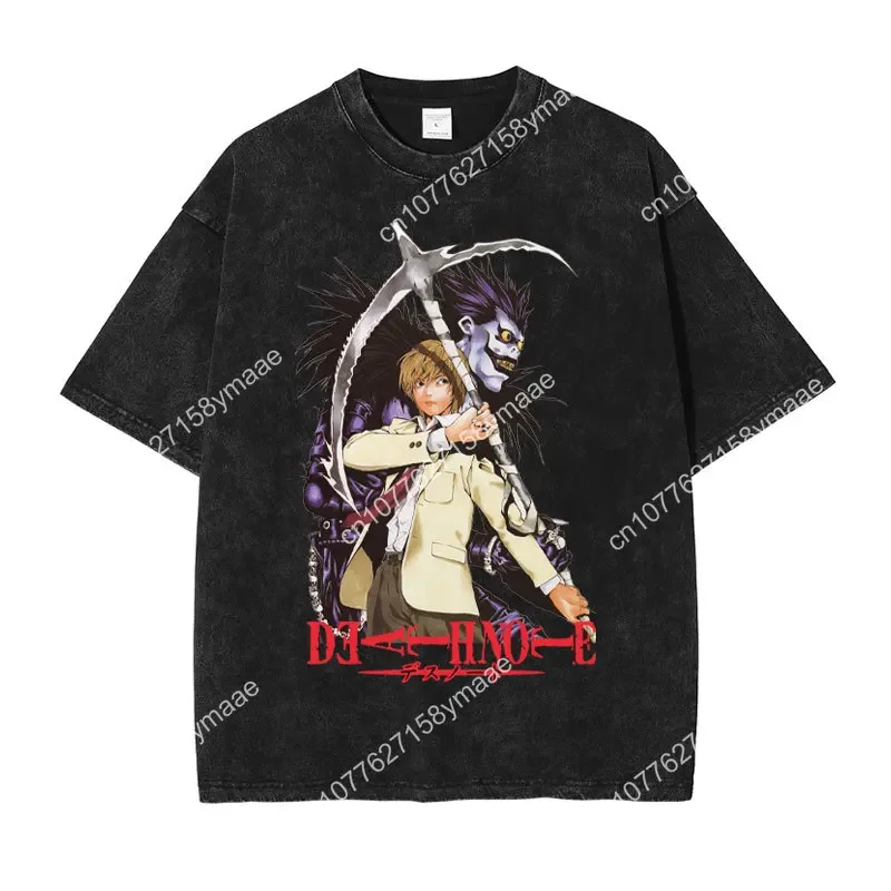 Anime Death Note T Shirt Oversized Vintage Washed Yagami Light T-shirts Streetwear Short Sleeve Manga Lawliet Misa Tops Tees Men