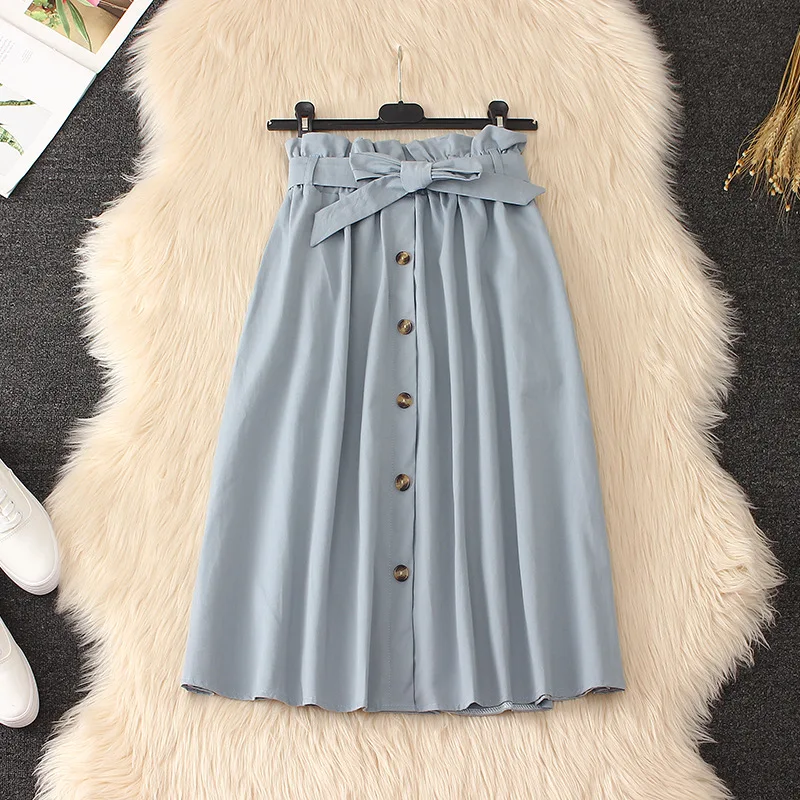 Summer Autumn Skirts Womens Midi Knee Length Korean Elegant Button High Waist Skirt Female Pleated School Skirt