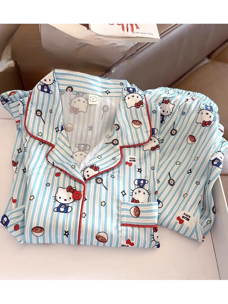 

Пижамы Sanrio Hello Kitty, 2 шт., новый стиль, детский кардиган в полоску с длинными рукавами и рисунком, осенние брюки, хлопковая домашняя одежда с облаком