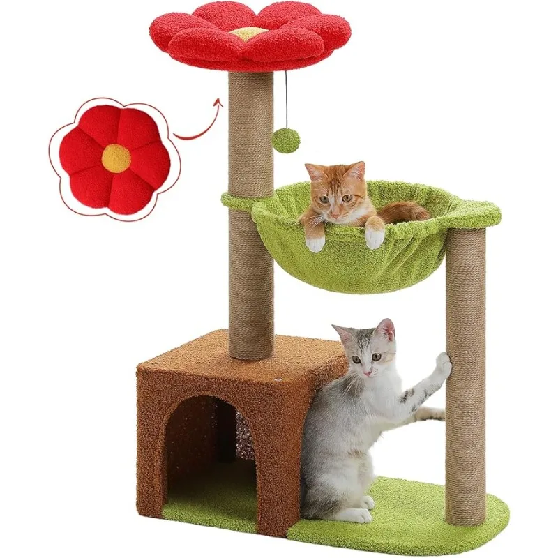 

Flower Cat Tree with Sisal Scratching Posts, 35" Cute Cat Tower with Large Green Hammock for Small Indoor Cats, Cat Condo with R