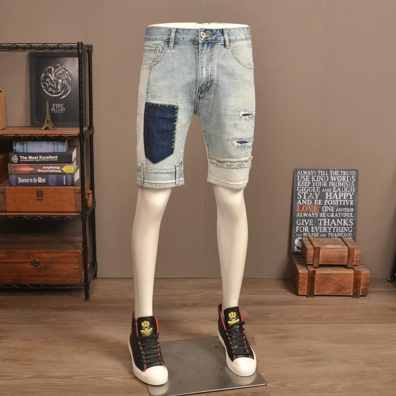 

Summer vintage light colored ripped denim shorts, men's trendy brand elastic splicing, washed and worn casual shorts