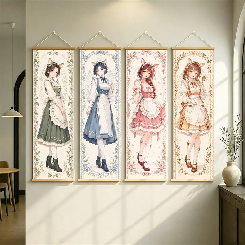 Anime Women in Green, Blue, Pink and Cream Apron Dresses Hanging Scroll with Delicate Floral Borders for a Reading Nook