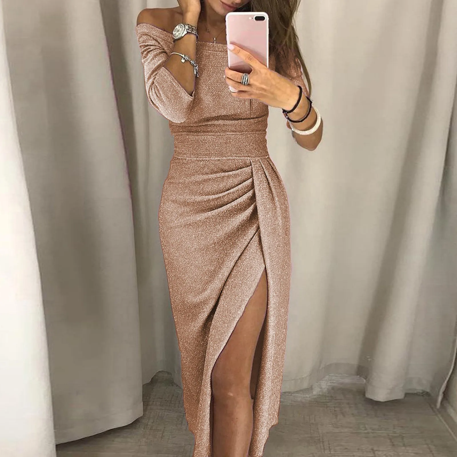 Elegant Asymmetrical Split Pencil Dresses Women's Sexy Off Shoulder Long Sleeve Bodycon Evening Party Long Dress Prom Club Dress