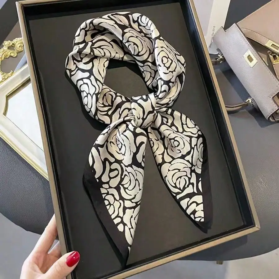 

Women's Black White Rose Floral Satin Scarf, Faux Silk Square Hair & Neck Scarf, Vintage French Elegant Gift Accessory