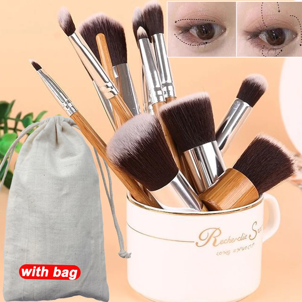 Conjunto de pincéis de maquiagem profissional, 11 peças, mini cabo de bambu, pincel de maquiagem com bolsa, macio, fofo, olhos, pó facial, ferramentas de beleza