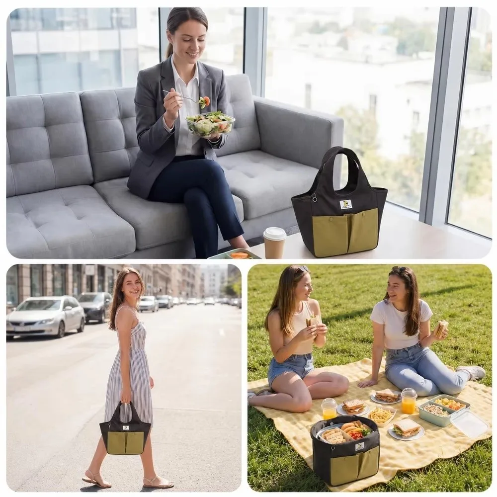 Waterproof Insulated Lunch Bag Large Capacity Portable Thermal Food Tote Bag Multi Pockets Durable Zipper Portable Food Bag