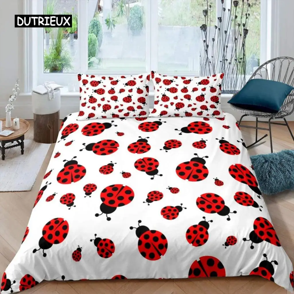 Ladybug Duvet Cover Set 3D Ladybug Printed Bedding Set for Kids Boys Girls Flying Entomology 2/3pcs Soft King Size Quilt Cover