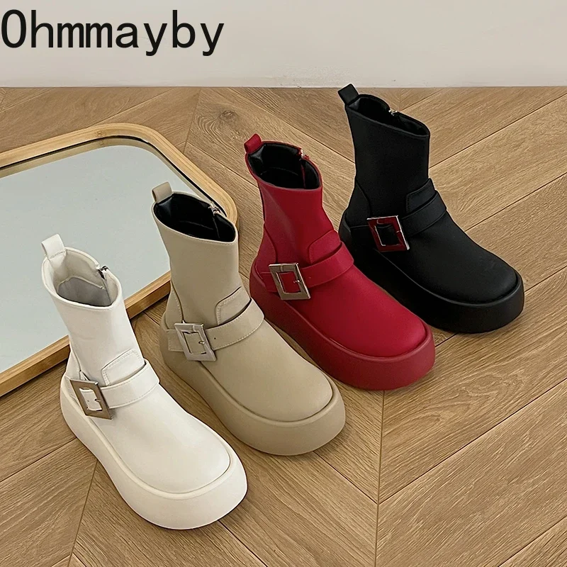 Chunky Women Short Boots Fashion Belt Buckle Waterproof Shoes Autumn Winter Platform Flats Women\'s Ankle Booties