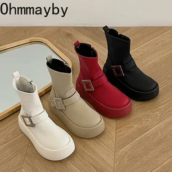 Chunky Women Short Boots Fashion Belt Buckle Waterproof Shoes Autumn Winter Platform Flats Women's Ankle Booties