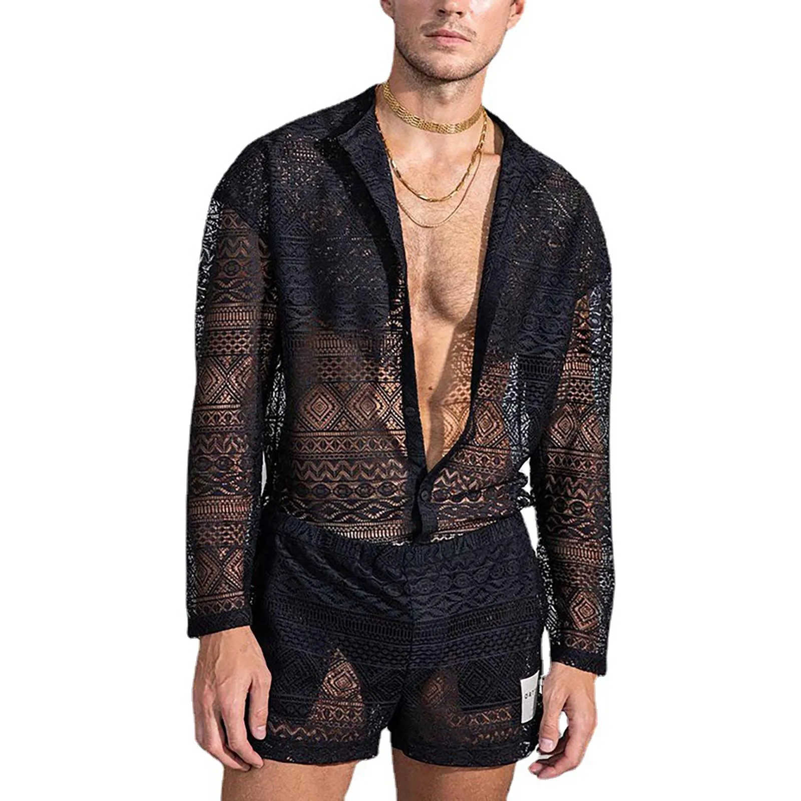 See Through Lace Outfits Beach Plain Pattern Print Long Sleeved Tops And Shorts Set Male New Summer Men's Two Piece Suits Sets