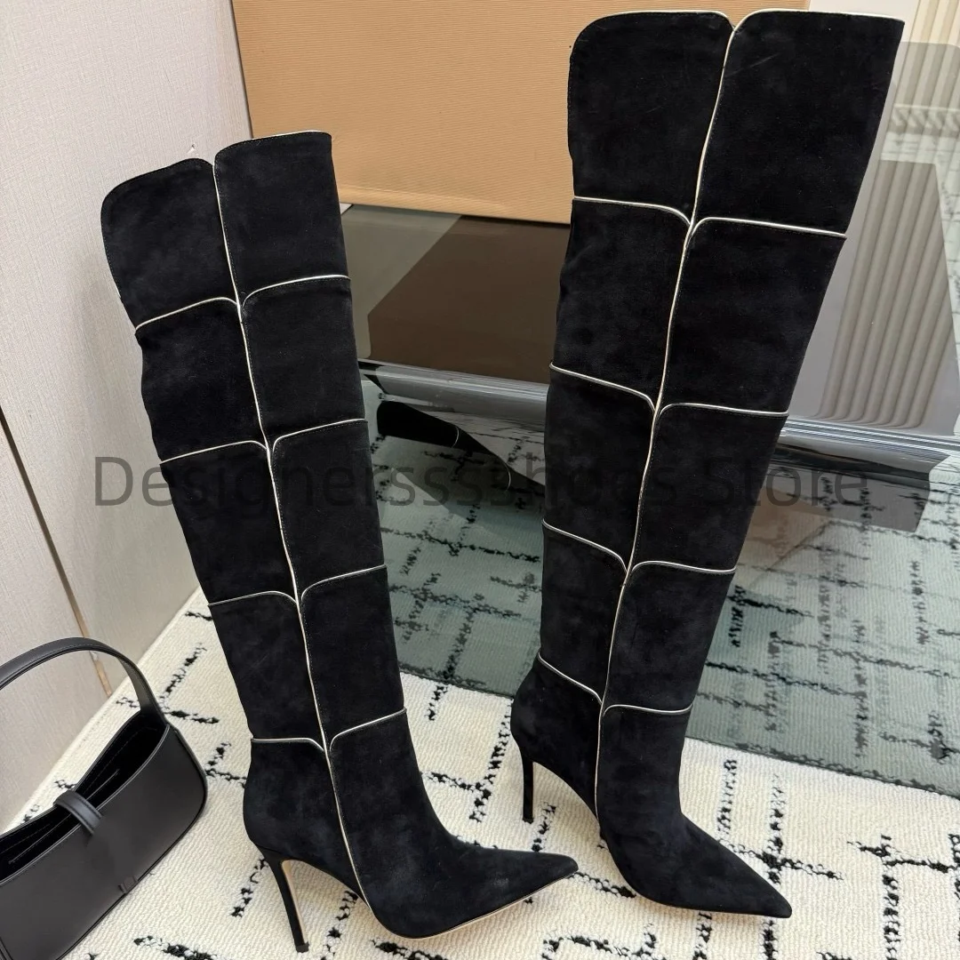 New Autumn Winter Sexy Pointed Toe Over‑the‑Knee Fold Boots High‑luster Suede Cowhide Upper Imported Sheepskin Lining 9.5cm Heel