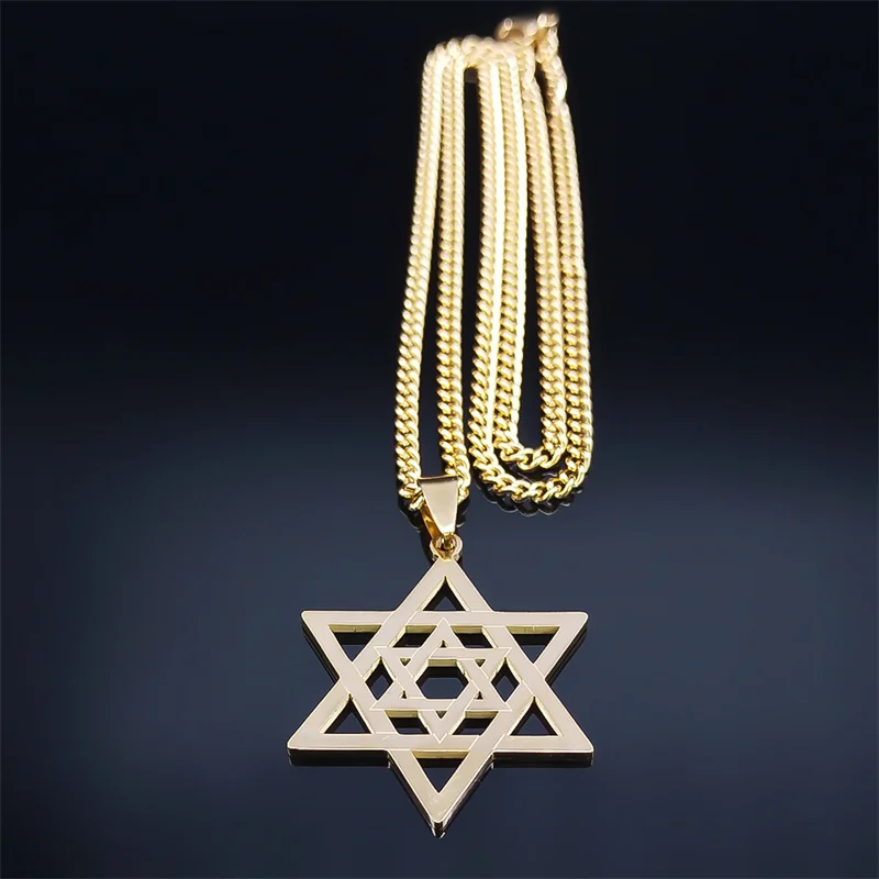 Hip Hop Star Of David Shield Hexagram Naszyjnik dla mężczyzn Moda Łańcuch ze stali nierdzewnej w kolorze złotym Biżuteria w kształcie gwiazdy Prezent