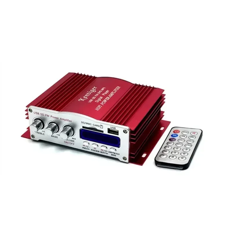 Amplificateur 4 canaux avec télécommande, lecteur de carte USB/SD, radio FM, adaptateur secteur 12V5A et câble AUX en option, 3001