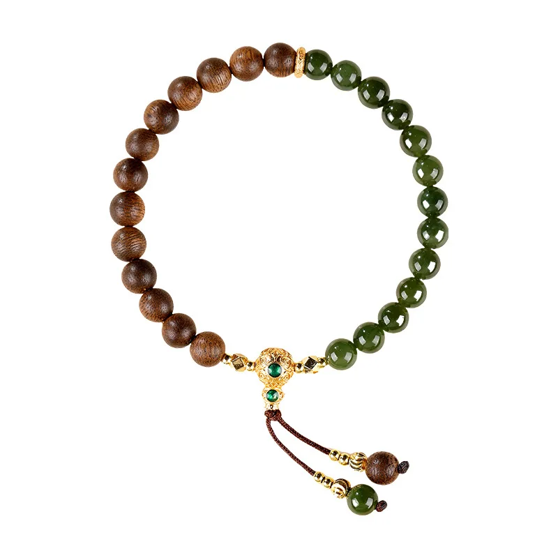 

Natural Brunei Agarwood Bracelet Hetian Jade Gourd Lucky Bead Half Mountain Half Water Hetian Jade Beaded Bracelet Gifts