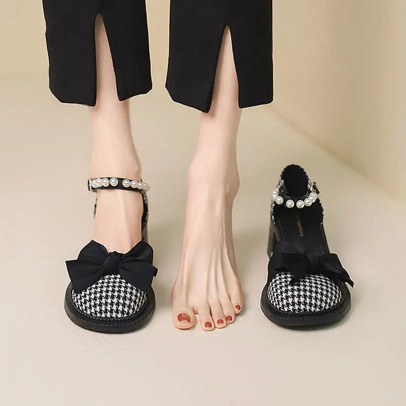 Summer 2024 Round Toe Tip Footwear Rhinestones Sandals for Woman Closed Women\'s Shoes Black Heeled Pumps High Heels Diamond Bow