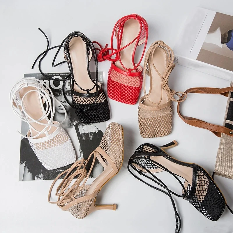 2025 Spring Mesh Casual Pumps Sandals Female Square Toe High Heel Lace Up Cross-tied Stiletto Hollow Dress Tacones De Mujer